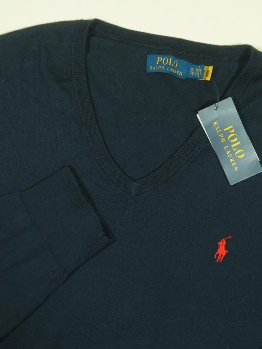 Polo Ralph Lauren V Neck Sweater Mens XL Navy Blue Cotton Pony Logo New